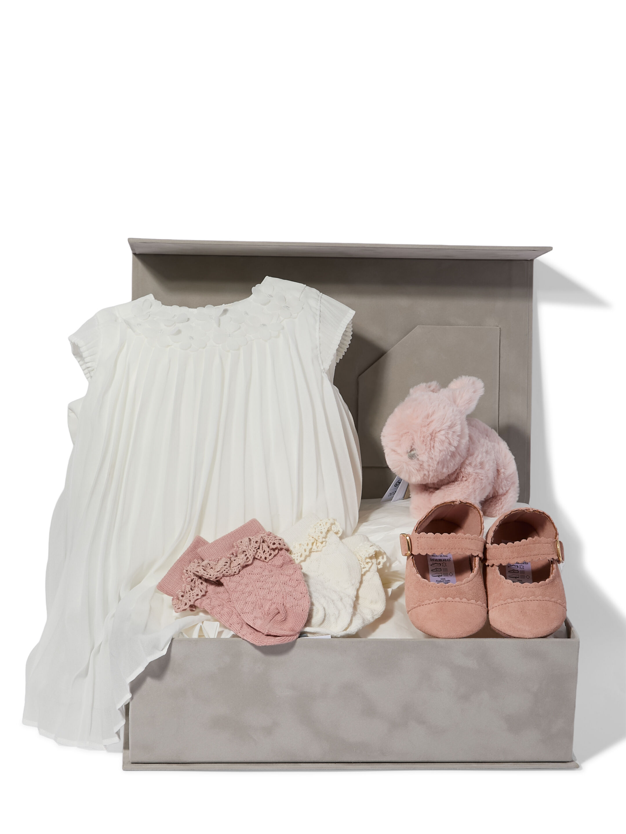 Pleated Dress - 5 Piece Gift Set with Scallop Pram Shoes and Soft Toy Treasured Pink Bunny image number 1